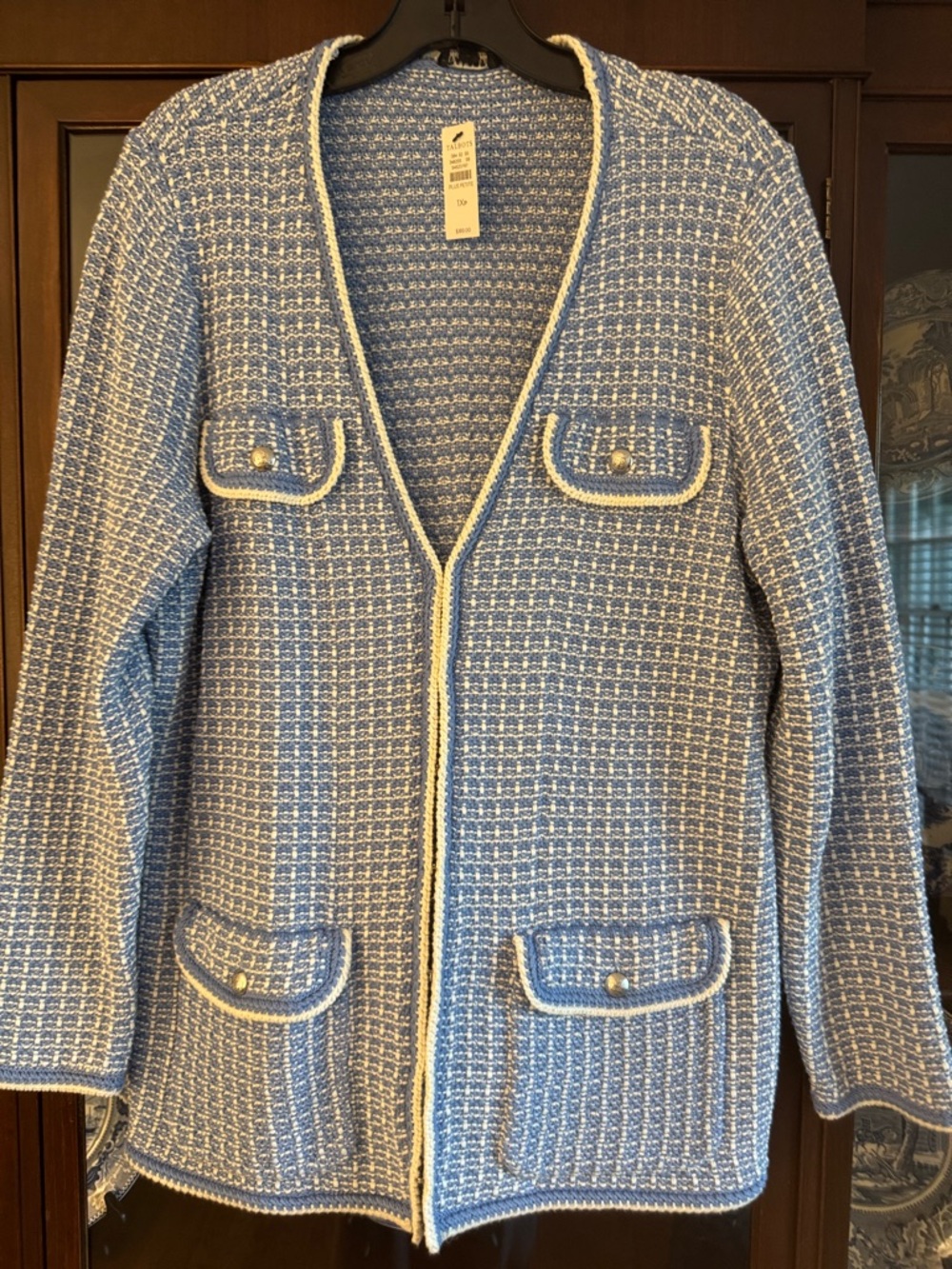 Talbots Blue and Cream Textured Knit Top